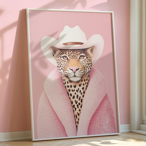Cowgirl Leopard White Cowboy Hat Painting Pink Western Poster