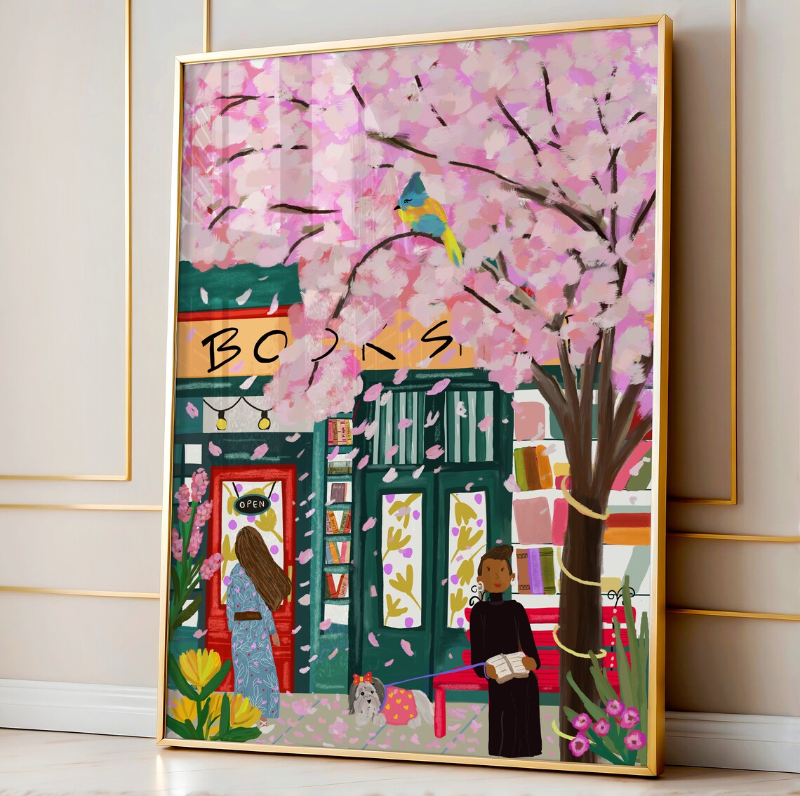 Spring Cherry Blossom Bookshop Girl Reading Dog Cozy Art Print - Image 4