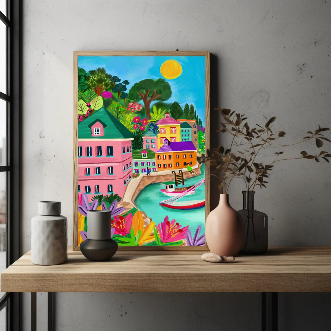 Colorful Fishing Village Harbor Boats Coastal Town Art Print - Image 3