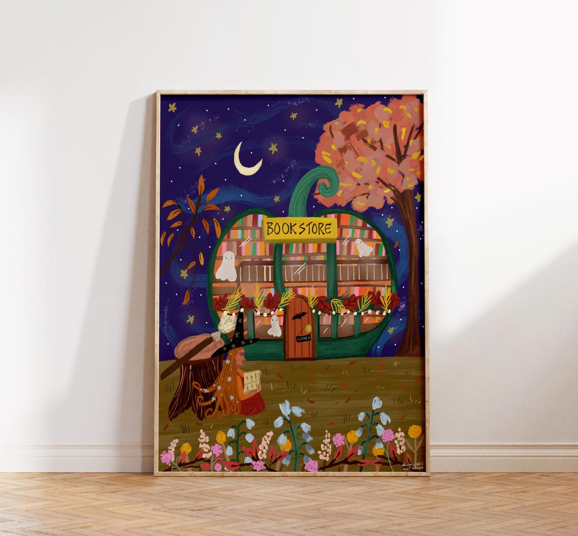 Spooky Halloween Pumpkin Bookstore Witch Night Book Nook Art Print - Image 3