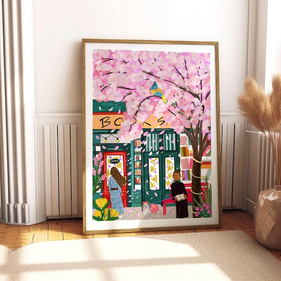 Spring Cherry Blossom Bookshop Girl Reading Dog Cozy Art Print
