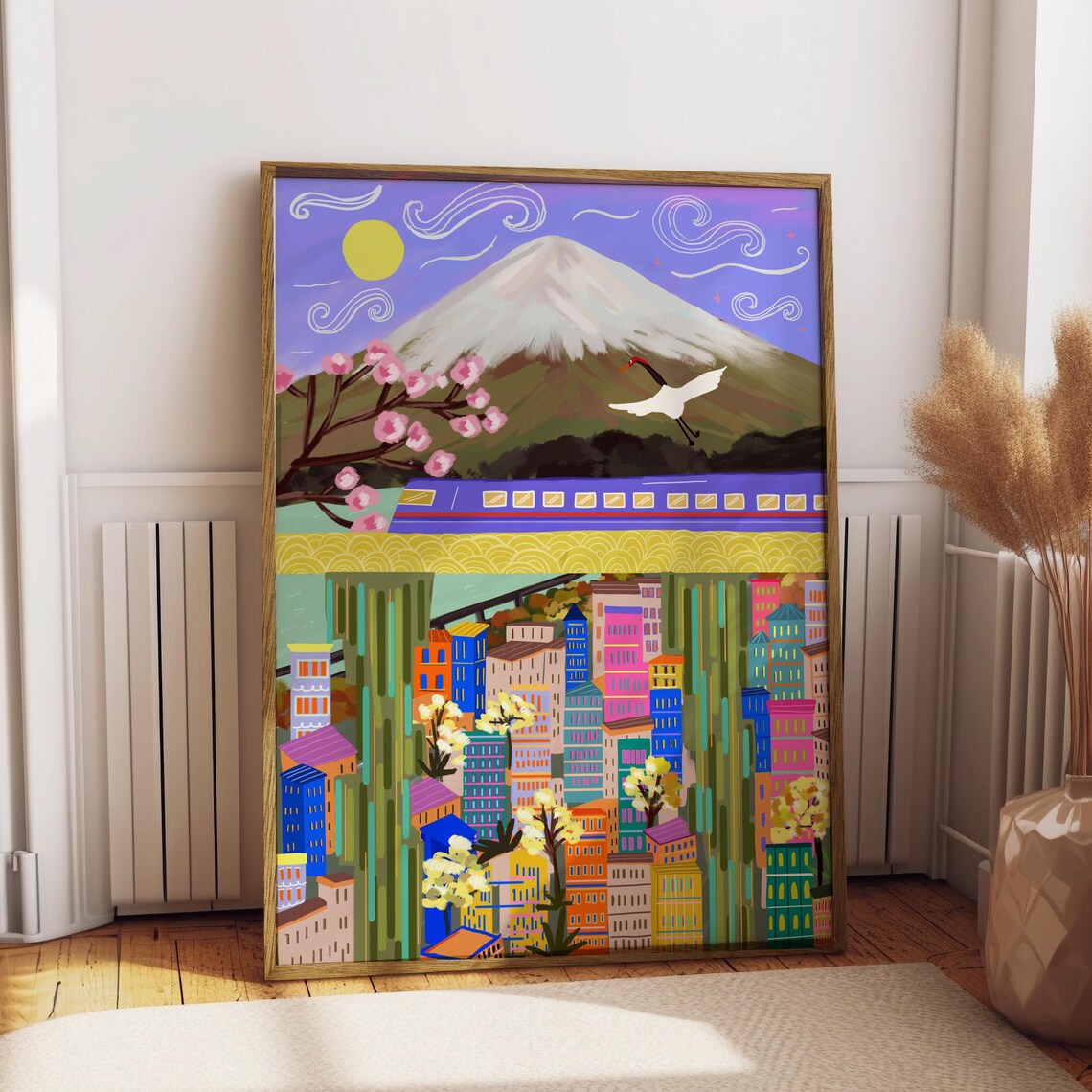 Mount Fuji Japan Travel Poster Cherry Blossom Crane Bullet Train