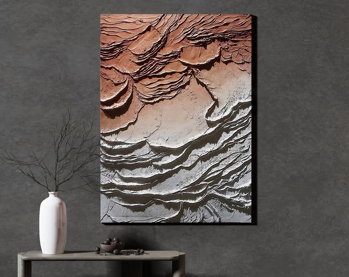 Hand Painted Abstract Mountain Wall Art Painting Brick Red White Thick Textured Wall Art Painting Living Room Decor Boho Wall Art - Image 5