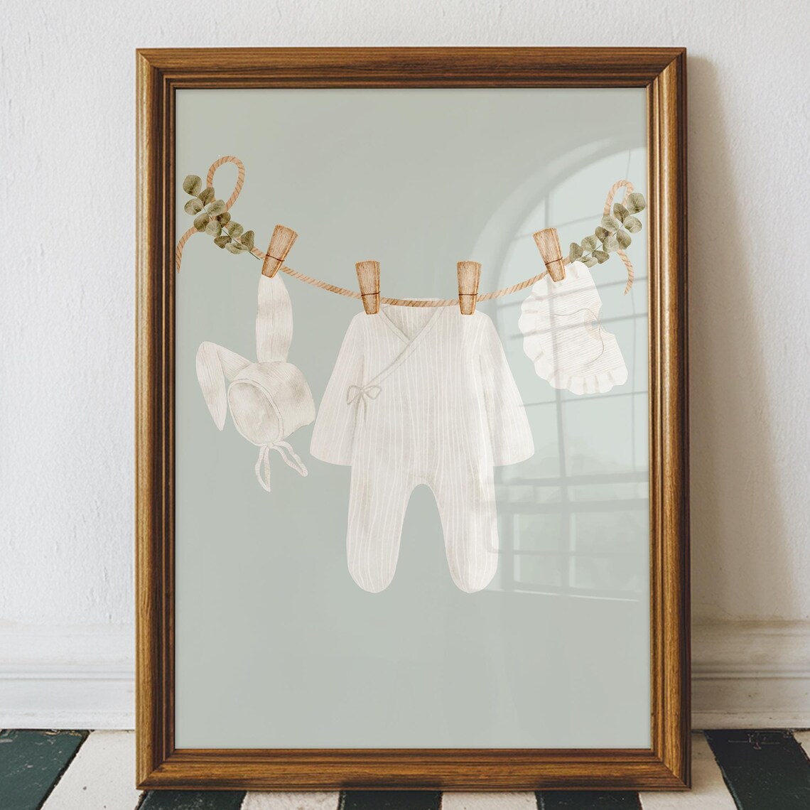 Bunny Bonnet Onesie Watercolor Clothesline Baby Room Wall Art