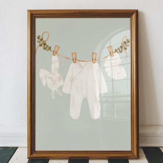 Bunny Bonnet Onesie Watercolor Clothesline Baby Room Wall Art