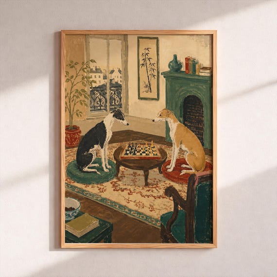 Greyhound Chess Poster Vintage Whippet Wall Art Living Room Decor Parisian Apartment Print Mid Century Dog Lover Gift