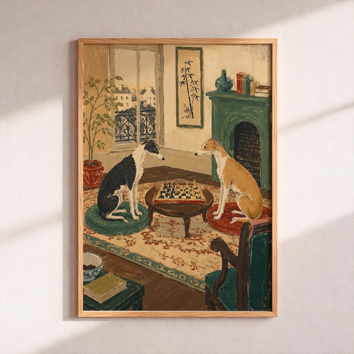 Two Whippets Playing Chess Parisian Room Vintage Dog Illustration Poster