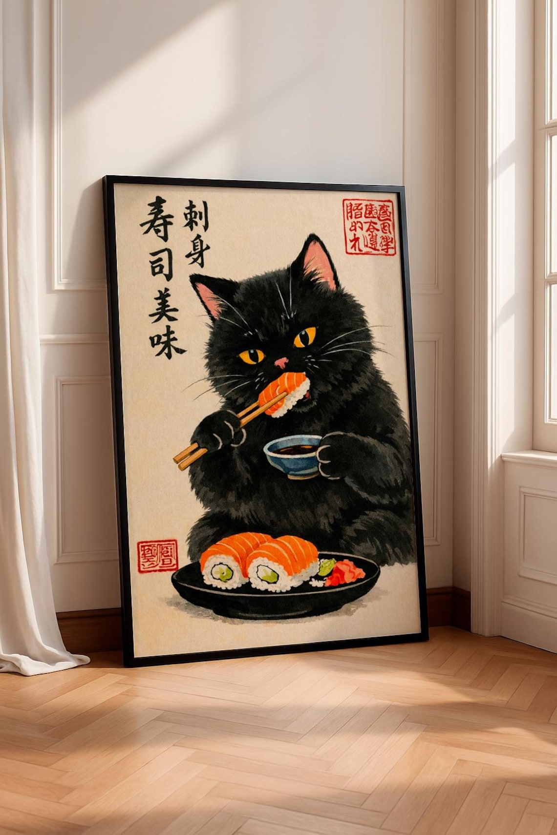 Black Cat Eating Sushi Japanese Food Chopsticks Cute Animal Poster