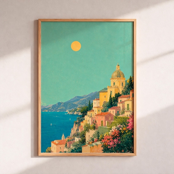 Amalfi Coast Village Cliffside Sunset Seascape Painting Poster