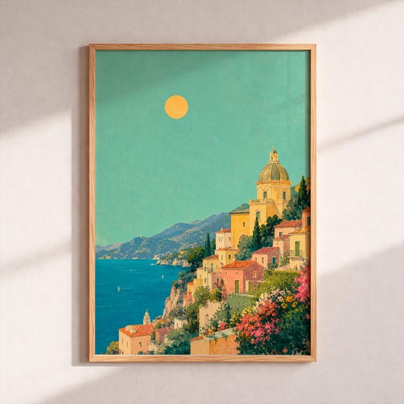 Amalfi Coast Wall Art Vintage Italy Travel Poster Midcentury Coastal Illustration Retro Living Room Decor Italian