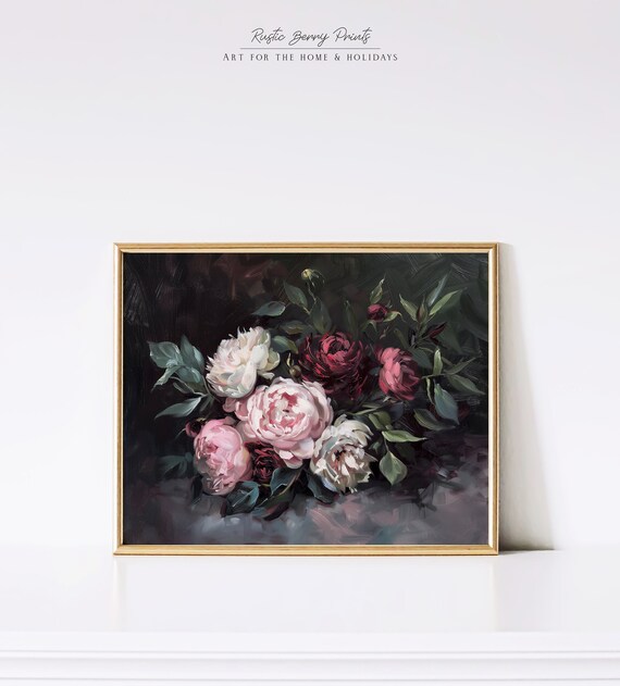 Peonies Flowers Oil Painting Wall Art Moody Vintage Print Floral Botanical Cottagecore Academia