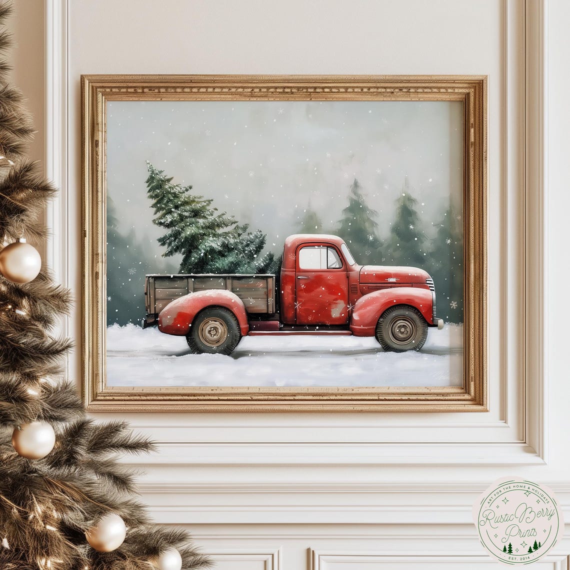Vintage Red Pickup Truck Hauling Christmas Tree Snowy Farm Poster