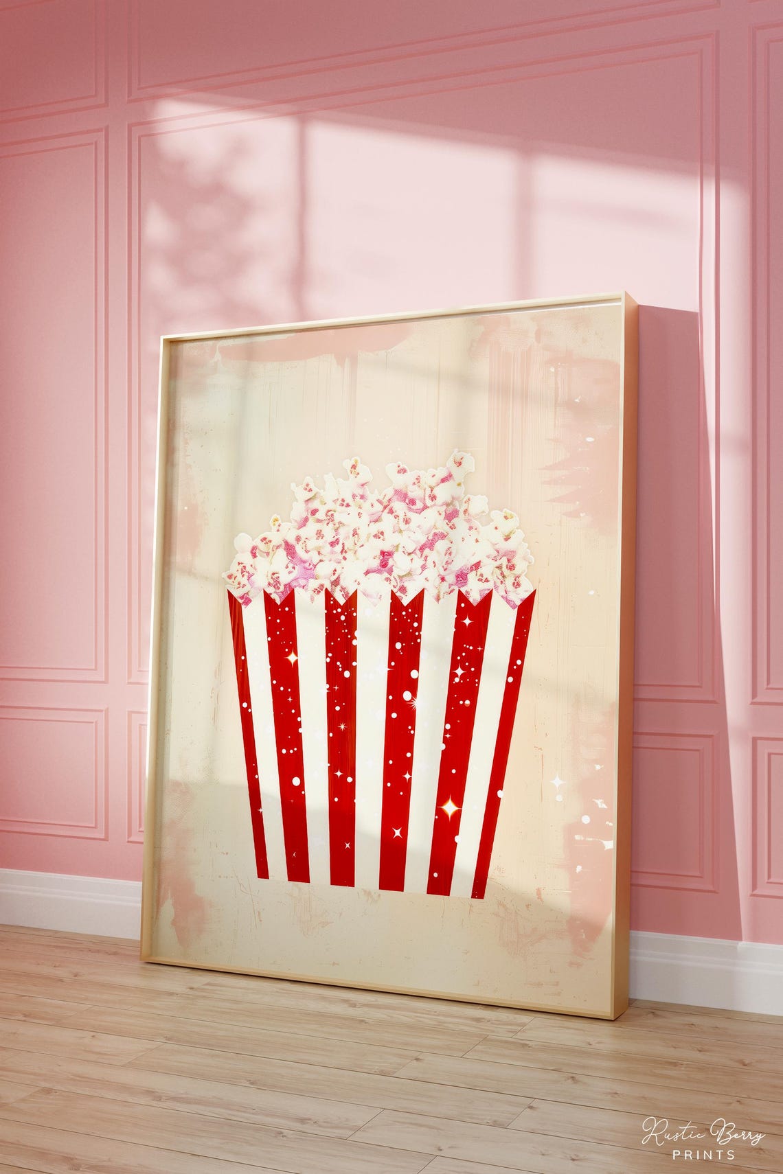 Pink Popcorn Striped Bucket Retro Movie Night Snack Decor Poster