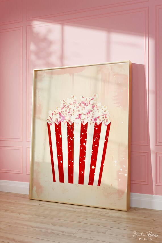 Pink Popcorn Striped Bucket Retro Movie Night Snack Decor Poster