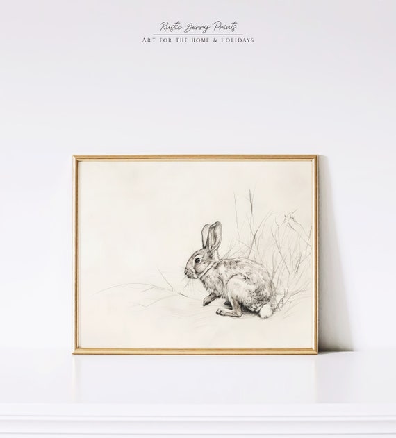 Antique Rabbit Sketch Wall Art Vintage Print Cottagecore Nursery Art Cute Bunny Minimalist Neutral Instant