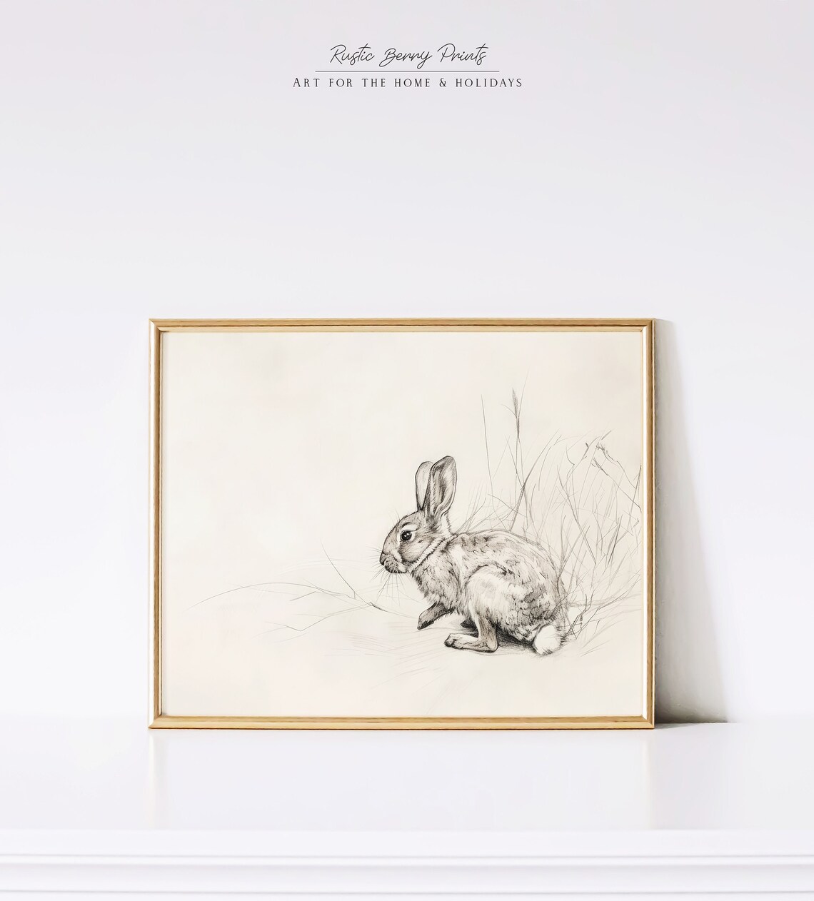 Antique Rabbit Pencil Sketch Bunny In Grass Minimalist Neutral Art Print