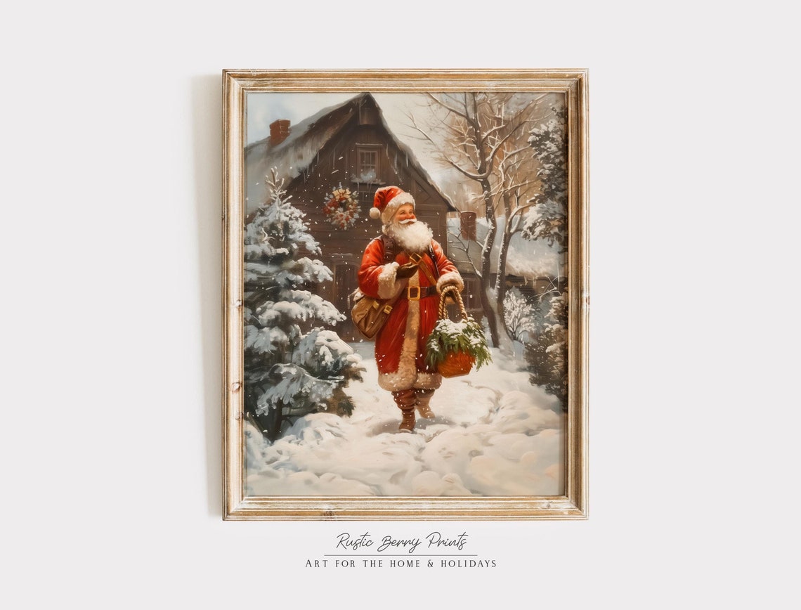 Santa Claus Walking To Rustic Cabin Basket Greenery Vintage Poster