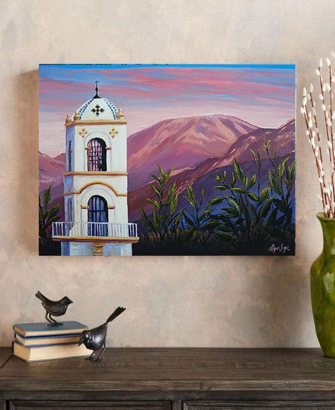 Ojai California White Bell Tower Pink Sunset Mountains Poster - Image 2
