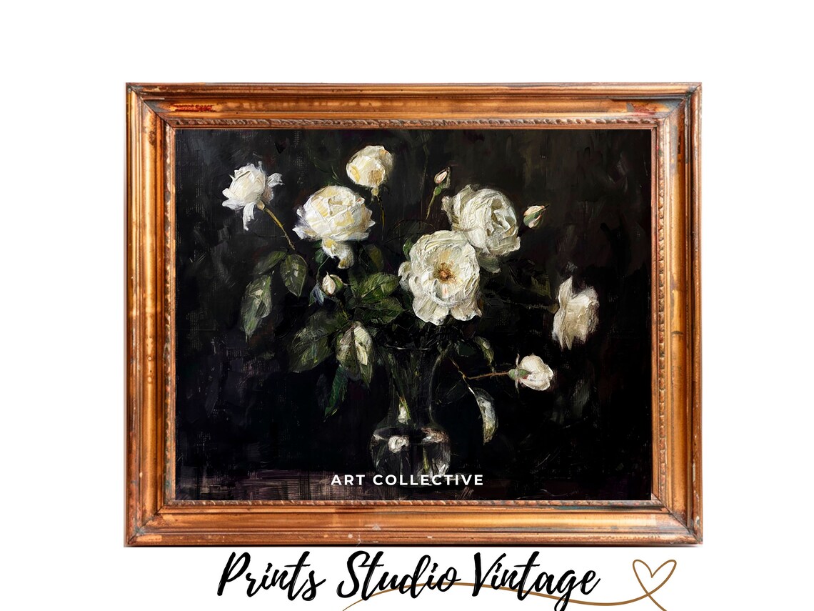 White Roses, Moody Floral Oil Painting Art Print - Image 3