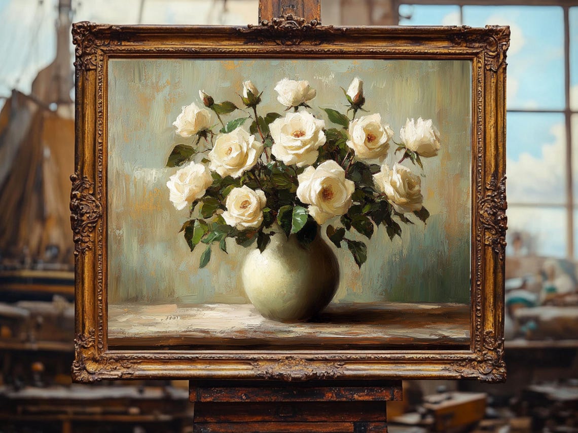 White Roses Painting Vintage Floral Art Oil Painting Cottage Core Art Vintage Painting Prints Downloads - Image 3