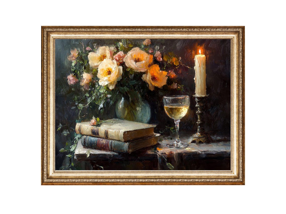 Romantic Still Life With Flowers Candle Wine In Glass And Books Oil Painting Cottage Core Art Best Gifts Vintage Painting Prints