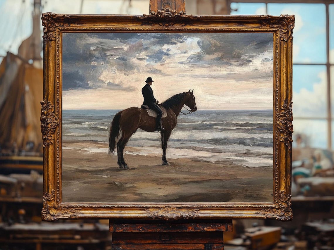 Equestrian Rider On Horseback By The Ocean Beach Art Oil Painting Cottage Core Art Best Gifts Vintage Painting Prints - Image 2