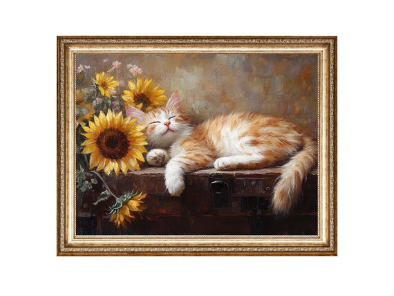 Sleeping Ginger Kitten Among Sunflowers Cozy Animal Art Poster