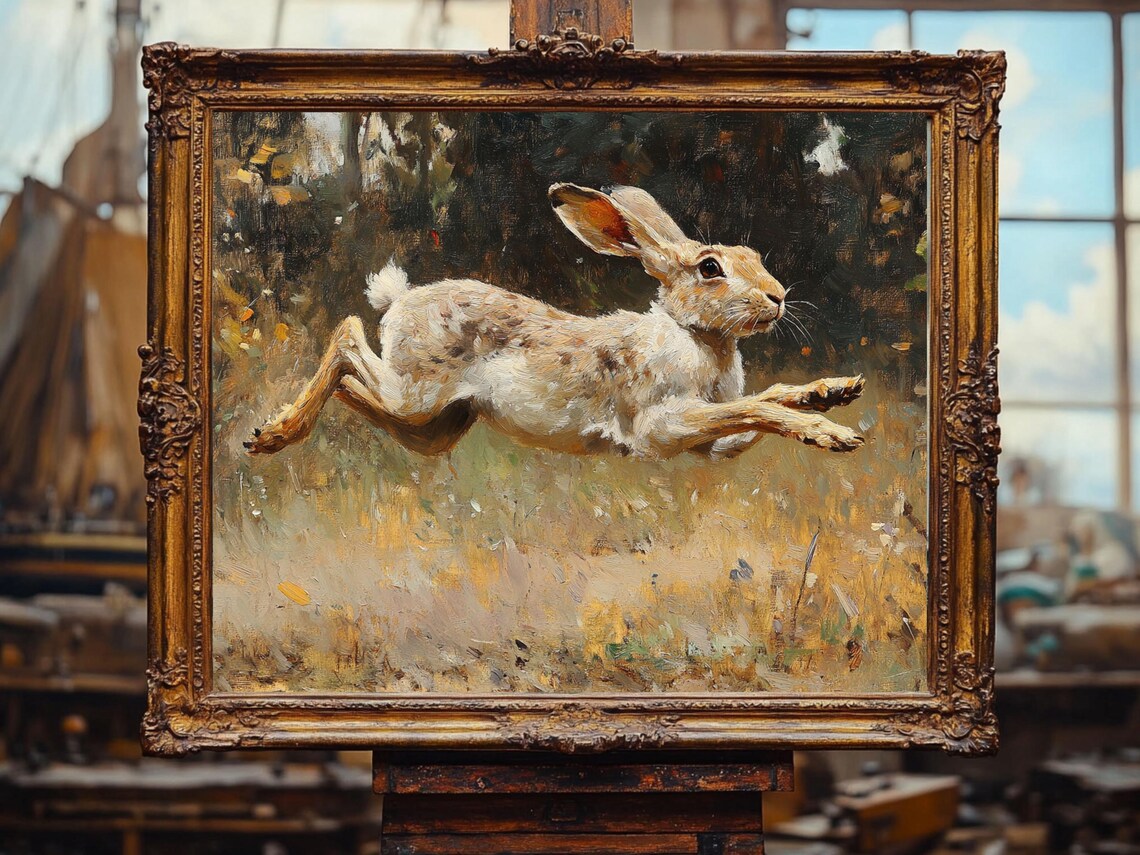 Leaping Hare In Autumn Field Vintage Wildlife Painting Poster - Image 2