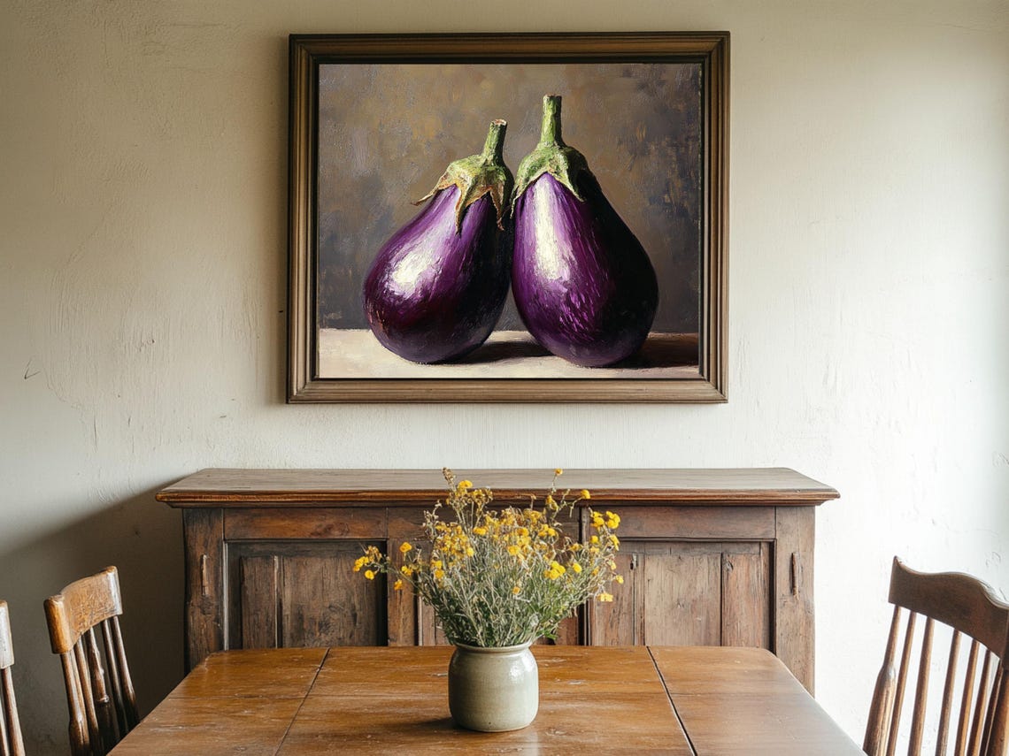 Eggplant Art Country Kitchen Still Life Moody Food Art Oil Painting Cottage Core Art Best Gifts Vintage Painting Prints - Image 2