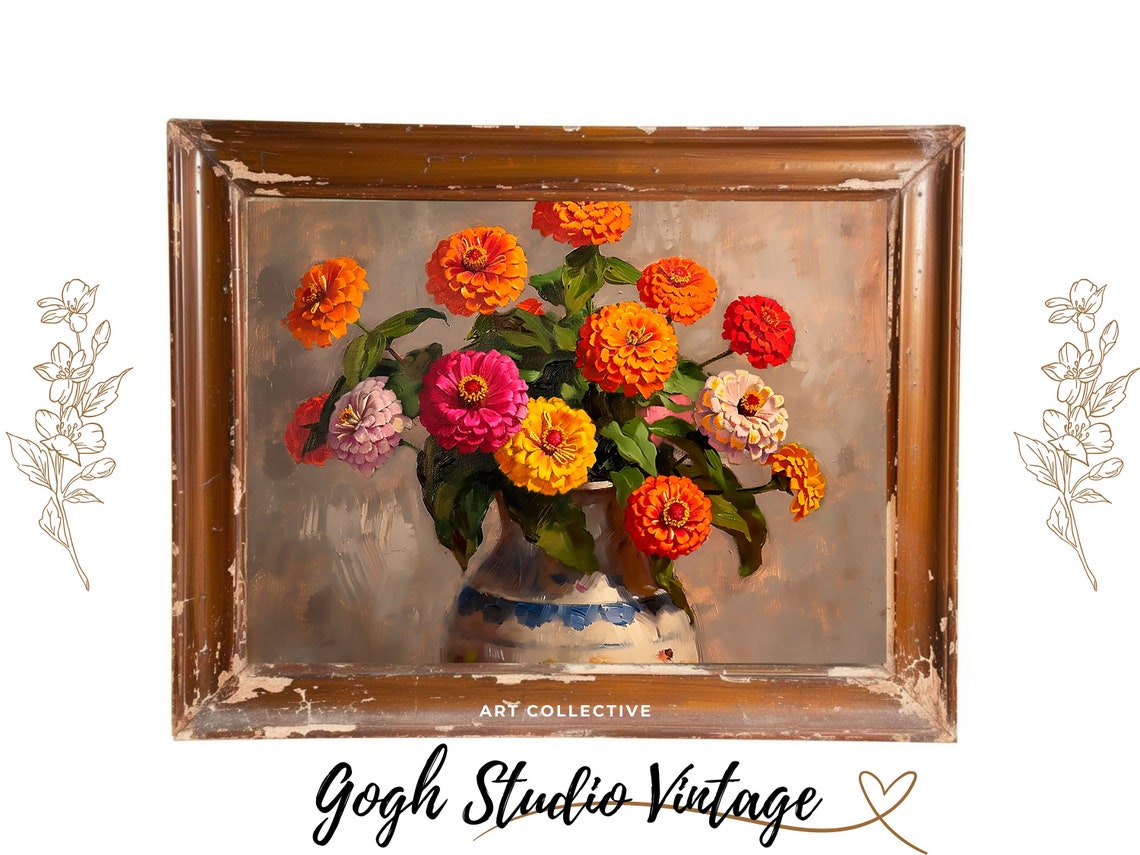 Flower Still Life Zinnia Oil Painting Floral Still Life Flowers In Vase Antique Moody Oil Art - Image 3