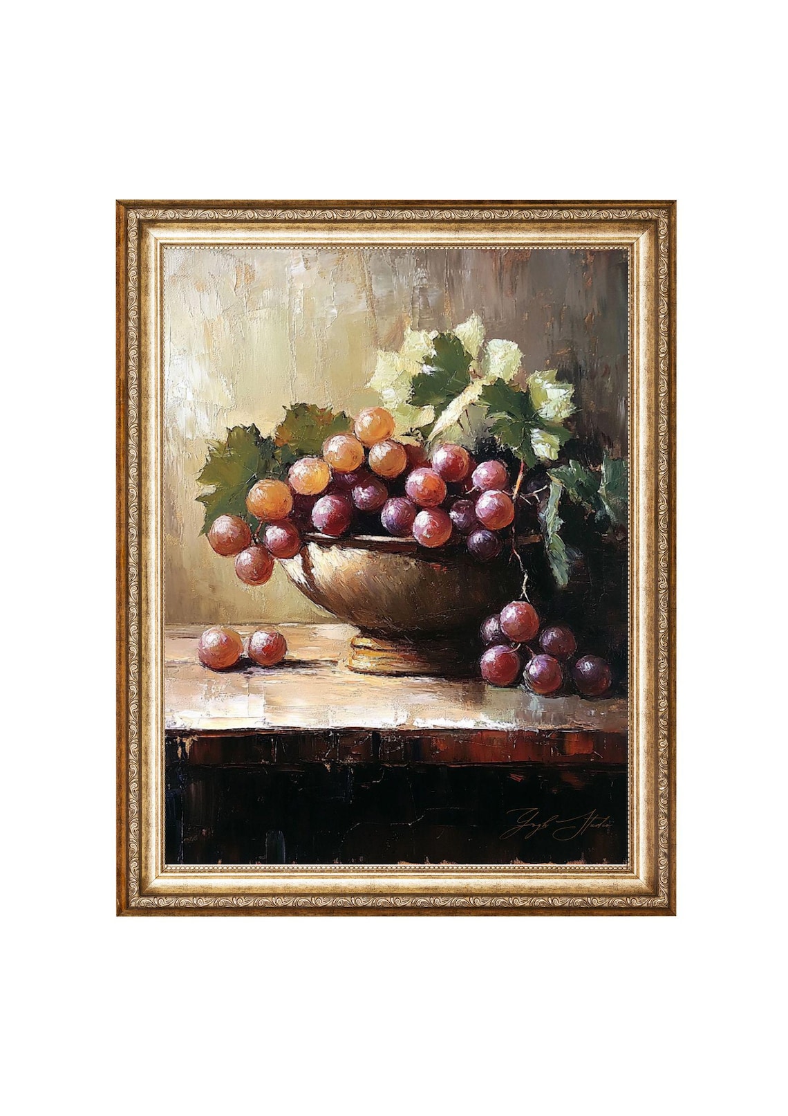 Grapes Still Life, Rustic Kitchen Vintage Oil Painting