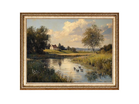 River Country Landscape With Ducks Oil Painting Cottage Core Art Vintage Painting Wall Art Prints