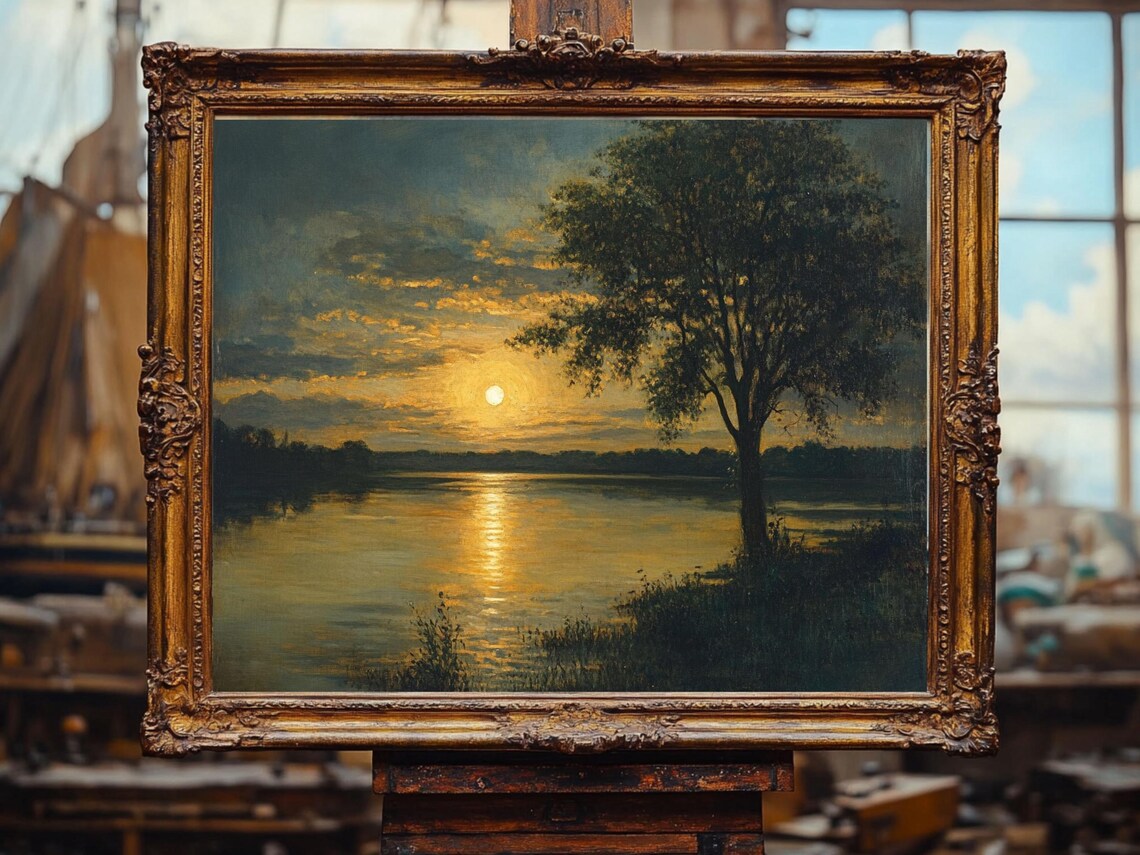 Full Moon Over Lake At Night Moody Landscape Painting Poster - Image 3