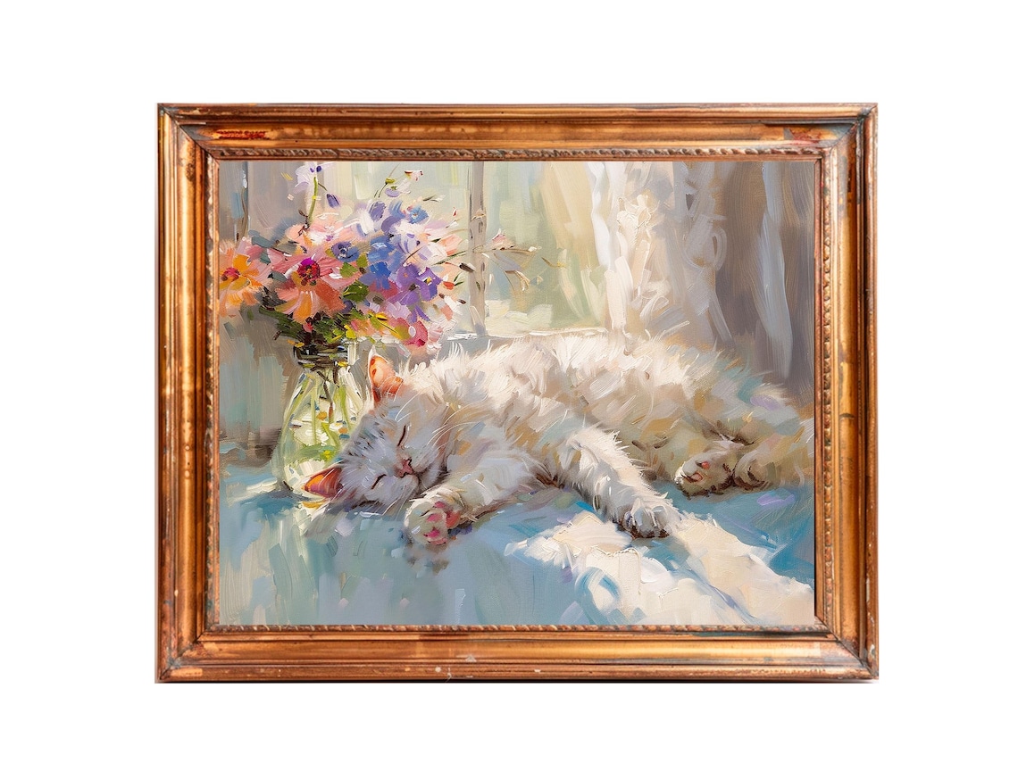 Sleeping White Cat Beside Bright Flowers In A Sunny Window Poster - Image 3