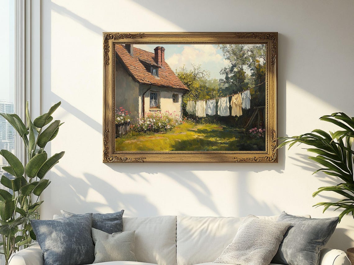 Charming Cottage in the Sunlight, Vintage Oil Print - Image 2