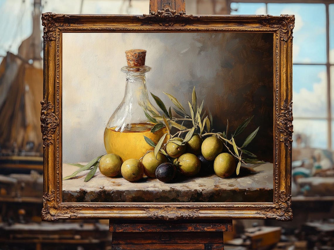 Olive Oil Still Life Food Painting Mediterranean Kitchen Oil Painting Cottage Core Art Best Gifts Vintage Painting Prints - Image 2