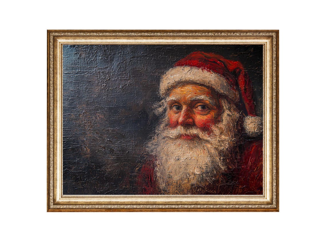 Santa Claus Painting Farmhouse Winter Art Country Christmas Oil Painting Vintage Prints Wall Art Gallery Art
