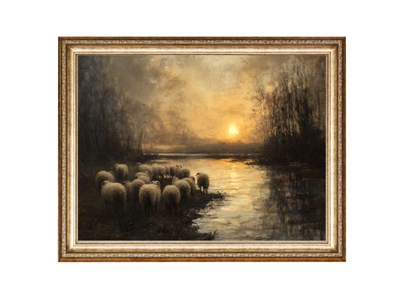 Sheep Oil Painting Art Print, Cottage-Core Vintage
