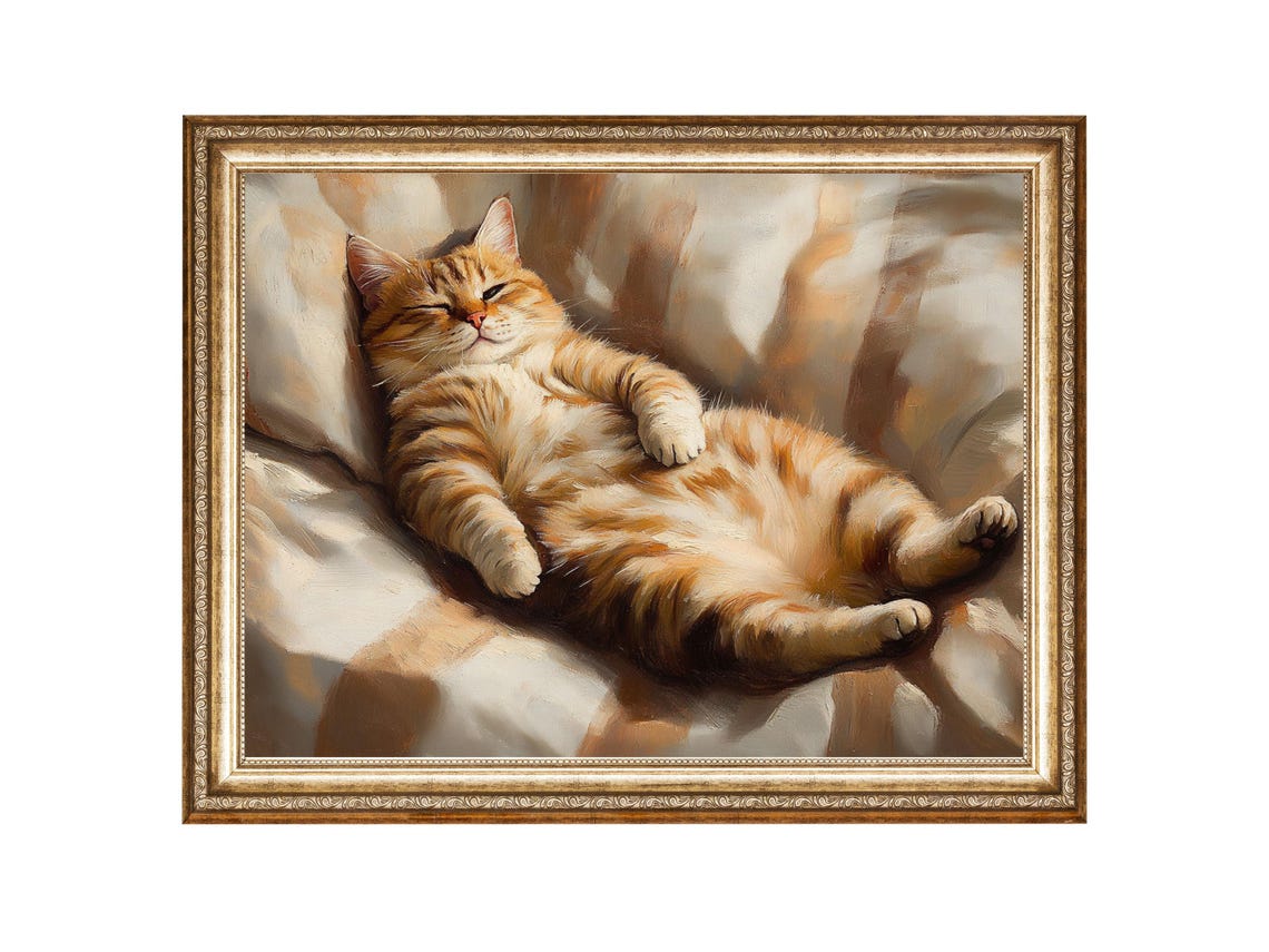 Lazy Ginger Cat on Cozy Bed, Vintage Oil Painting Print