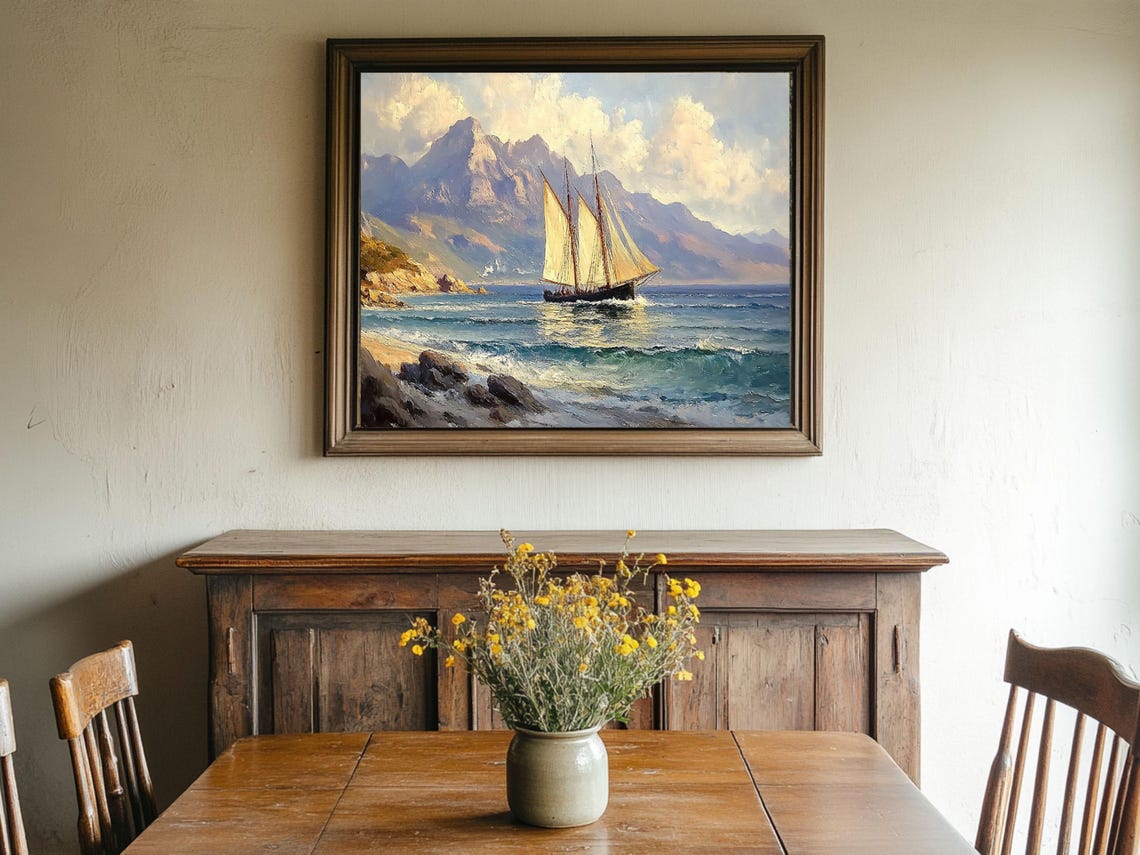 Sailboat Seascape Painting Nautical Ocean Art Coastal Wall Decor Oil Painting Cottage Core Art Best Gifts Vintage Painting Prints - Image 2