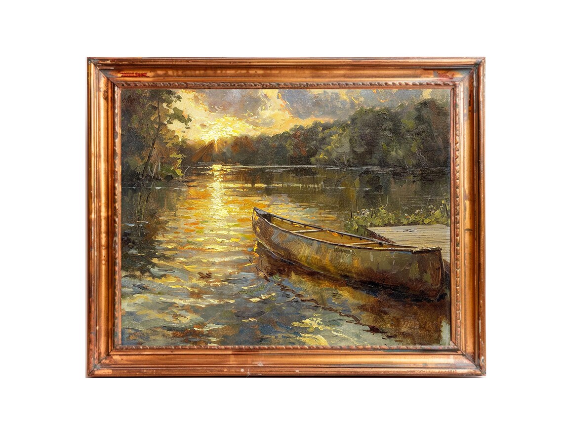 Boat on Lake Sunset Landscape, Vintage Prints - Image 3