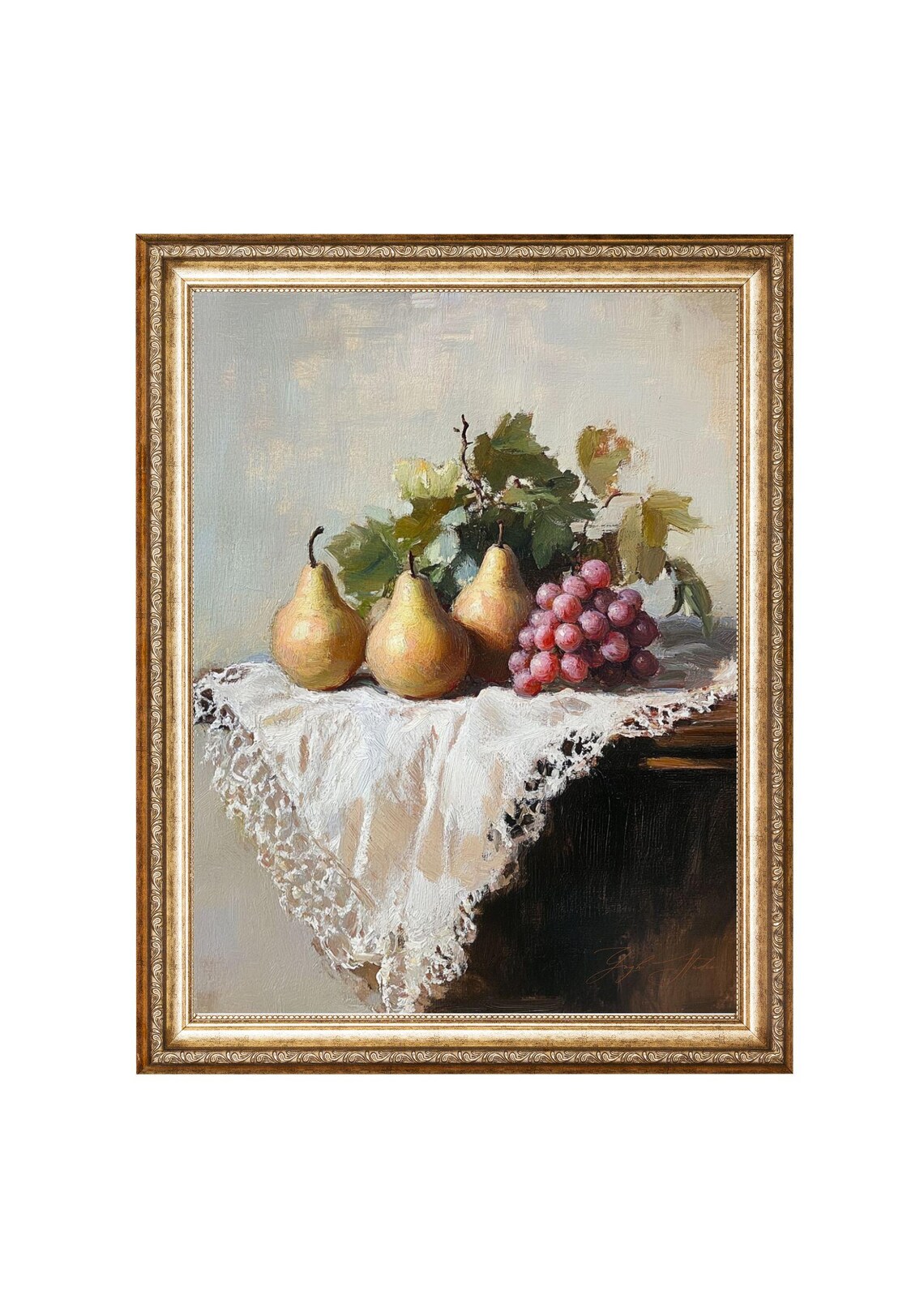 Still Life With Pears And Grapes, Vintage Art Print