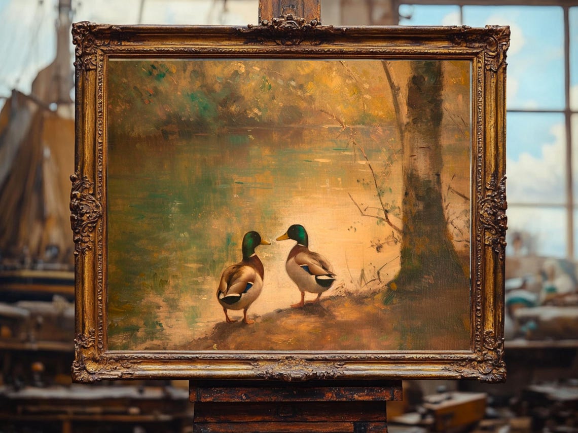 Duck Art, Vintage Style Pond Painting - Image 3