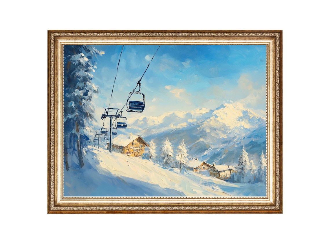 Ski Lift Vintage Winter Art Print, Cottage Core