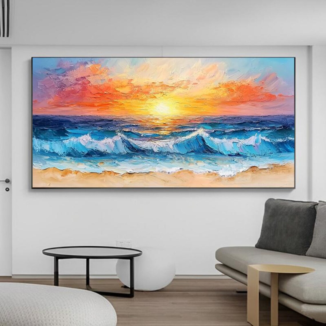 Ocean Sunset Beach Waves Over Golden Horizon Coast Painting Poster