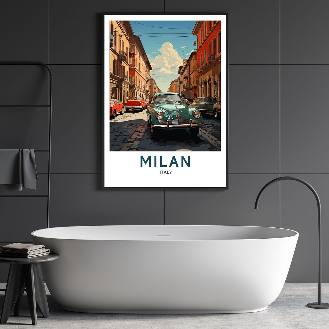 Milan Italy Classic Car Street Scene Vintage City Travel Poster - Image 3
