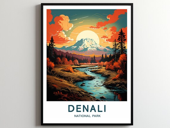 Denali National Park Alaska Mountain Sunset Scenic Travel Poster