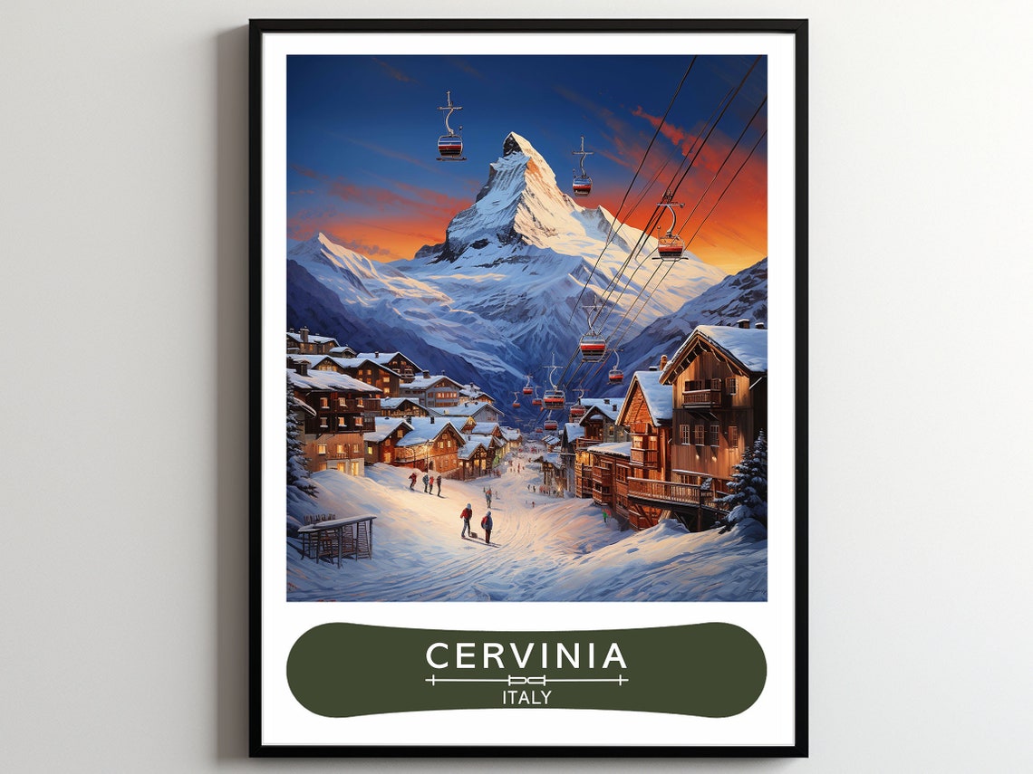 Cervinia Italy Ski Resort Alps Mountain Gondolas Travel Poster