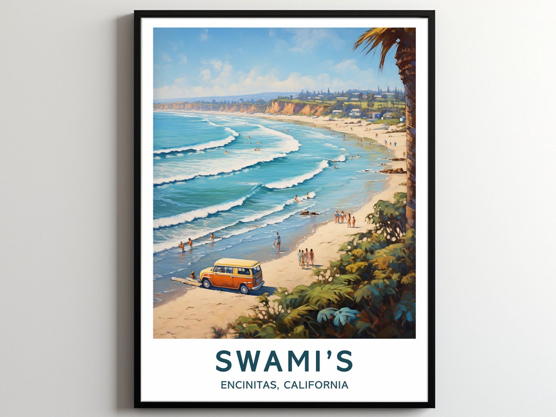 Swamis Encinitas California Retro Surf Beach Scene Art Poster