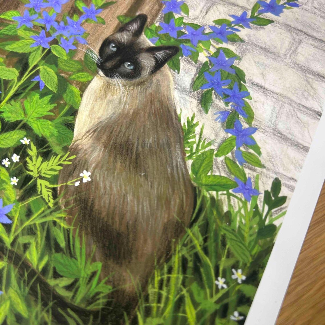 Siamese Cat in Overgrown Garden Blue Flowers Gouache Art Print - Image 2